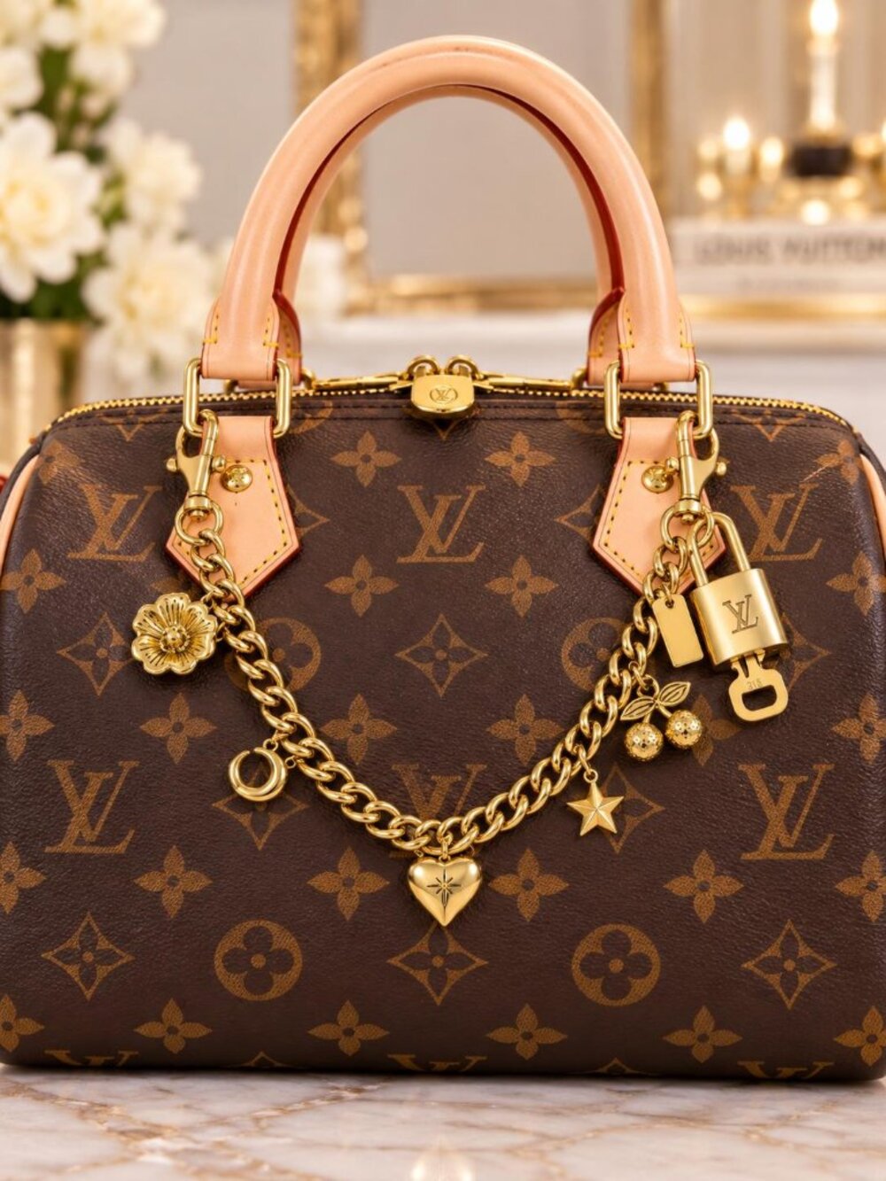Authentic Louis Vuitton Gold Padlock with Unbranded Decorative Bag Chain / Charm